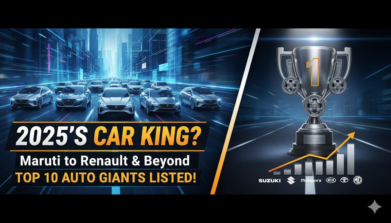 2025 की टॉप कार कंपनियों की लिस्ट दिखाती इमेज जिसमें Maruti Suzuki और अन्य ब्रांड्स के लोगो।