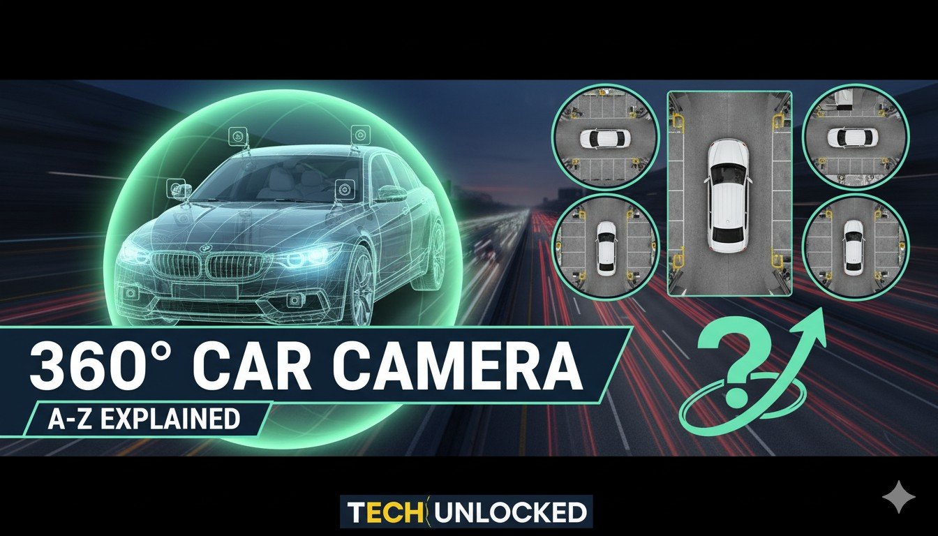 कार में लगा 360-डिग्री कैमरा सिस्टम जो चारों ओर का दृश्य कैप्चर करता है।