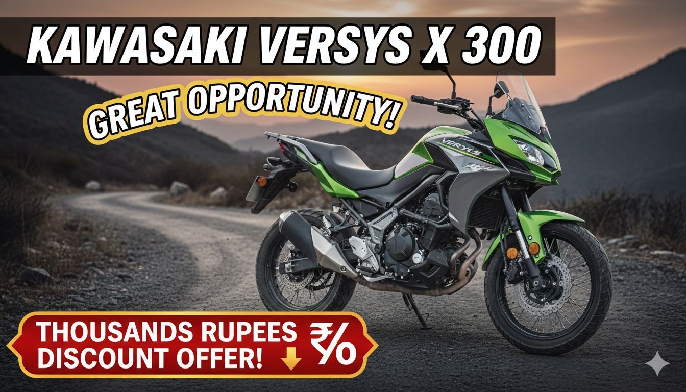 Kawasaki Versys-X 300 motorcycle in action with discount badge