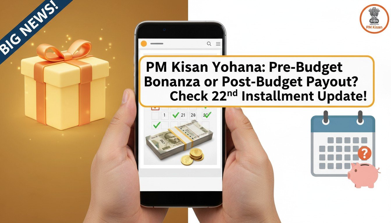 पीएम किसान योजना की 22वीं किस्त का अपडेट दिखाता ग्राफिक, जिसमें किसान और रुपये के नोट।