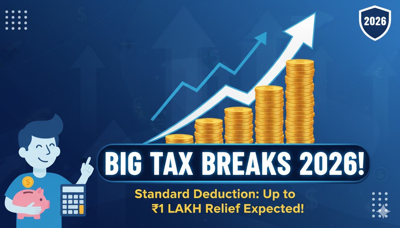 भारतीय बजट 2026 में स्टैंडर्ड डिडक्शन बढ़ोतरी की अपेक्षा दर्शाता ग्राफिक, जिसमें रुपए के नोट्स और टैक्स फॉर्म्स दिखाई दे रहे हैं।