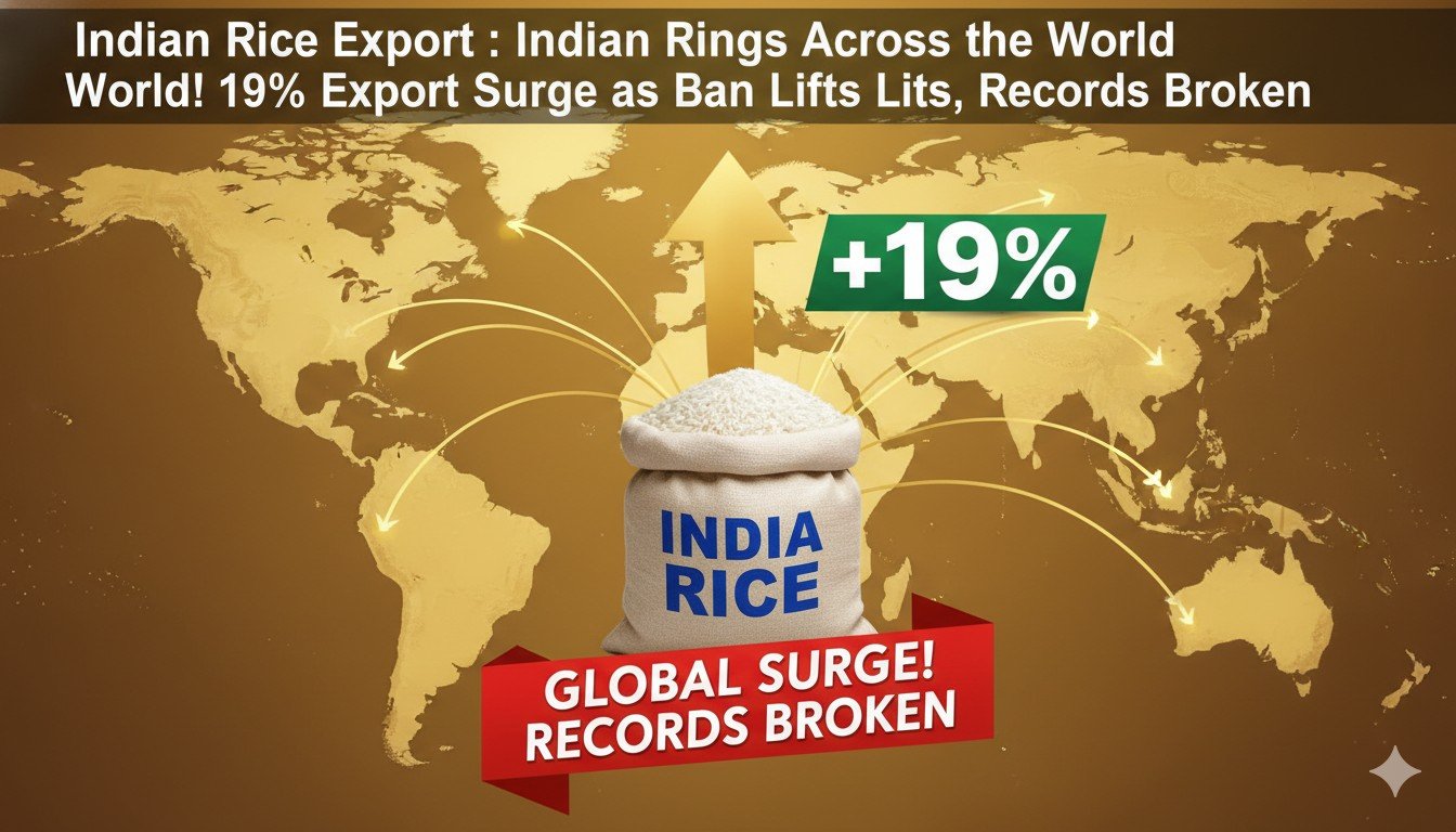 भारतीय चावल निर्यात में रिकॉर्ड उछाल दर्शाता ग्राफ और चावल के खेत