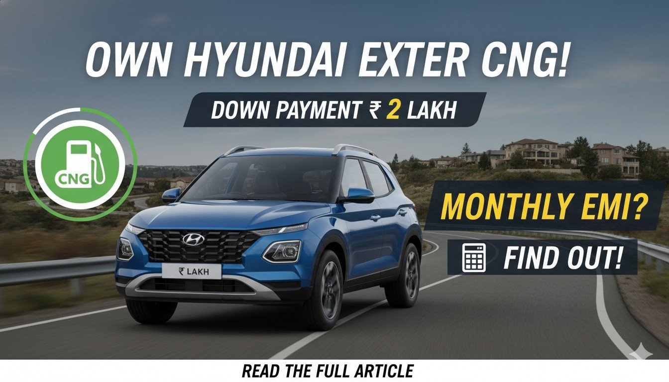 Hyundai Exter CNG कार का फ्रंट व्यू, नीले रंग में पार्क की गई।