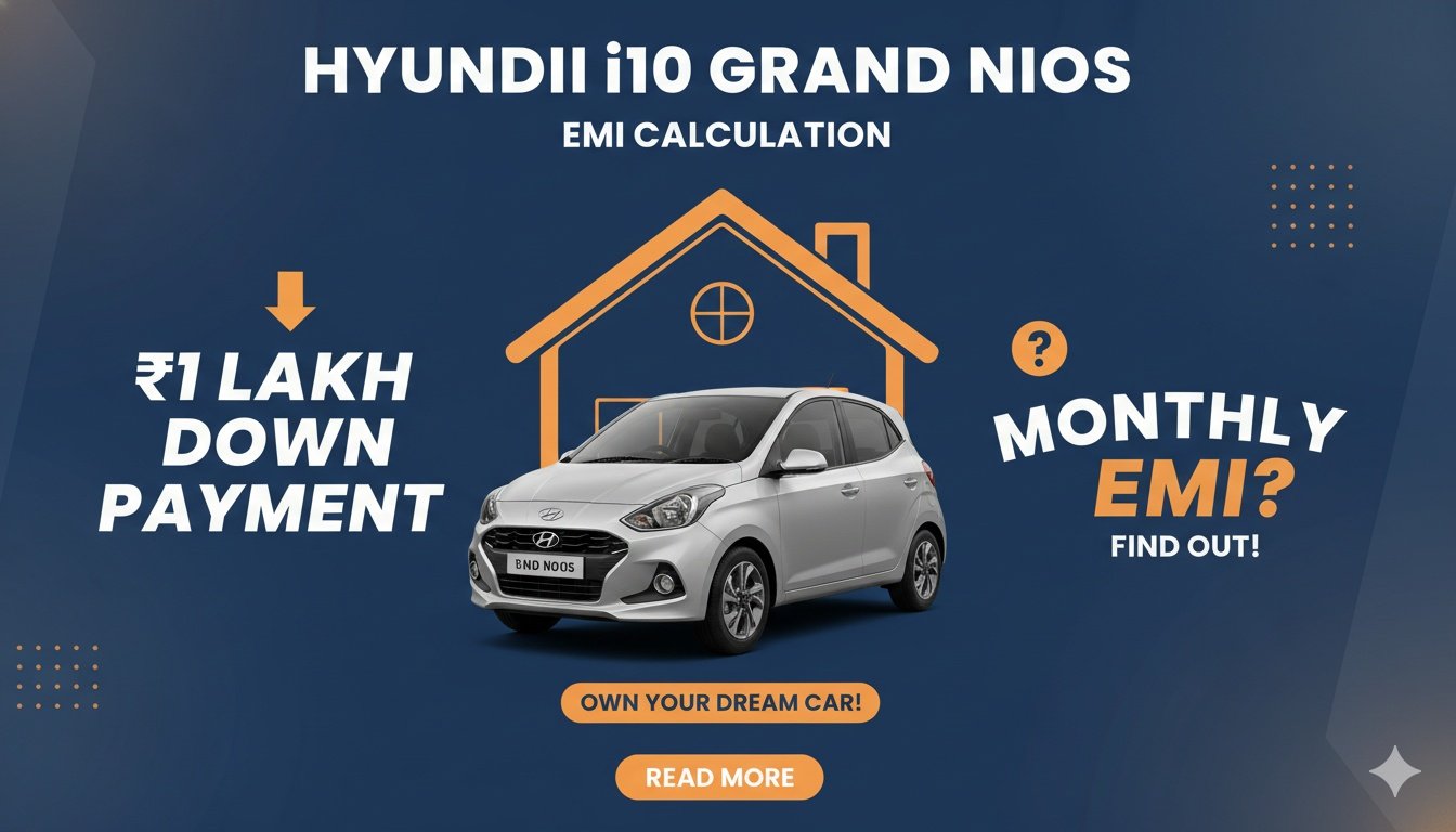Hyundai Grand i10 Nios Era बेस वेरिएंट की सफेद कलर में फ्रंट व्यू, 1 लाख डाउन पेमेंट पर EMI दिखाता ग्राफिक