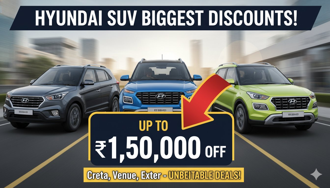 Hyundai Creta, Venue and Exter SUVs with discount banners in a showroom setting