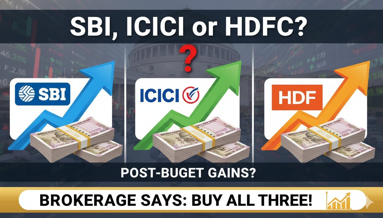 Alt Text for featured image : बजट 2026 के बाद SBI, ICICI और HDFC Bank के शेयर परफॉर्मेंस और ब्रोकरेज Buy रेटिंग का ग्राफ