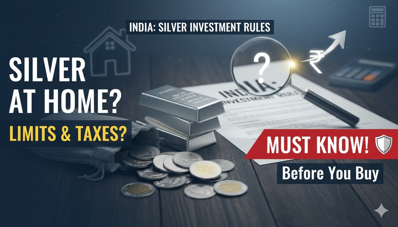चांदी के सिक्के और बार के साथ टैक्स नियमों का ग्राफिक इलस्ट्रेशन, भारत में सिल्वर निवेश गाइड