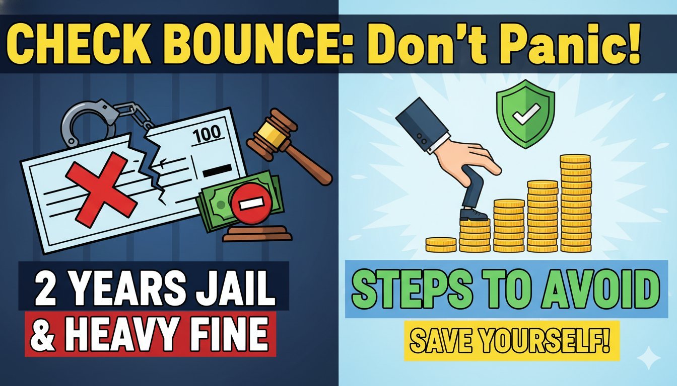 चेक बाउंस होने पर जेल और जुर्माने की चेतावनी दिखाता ग्राफिक, भारतीय कानून धारा 138