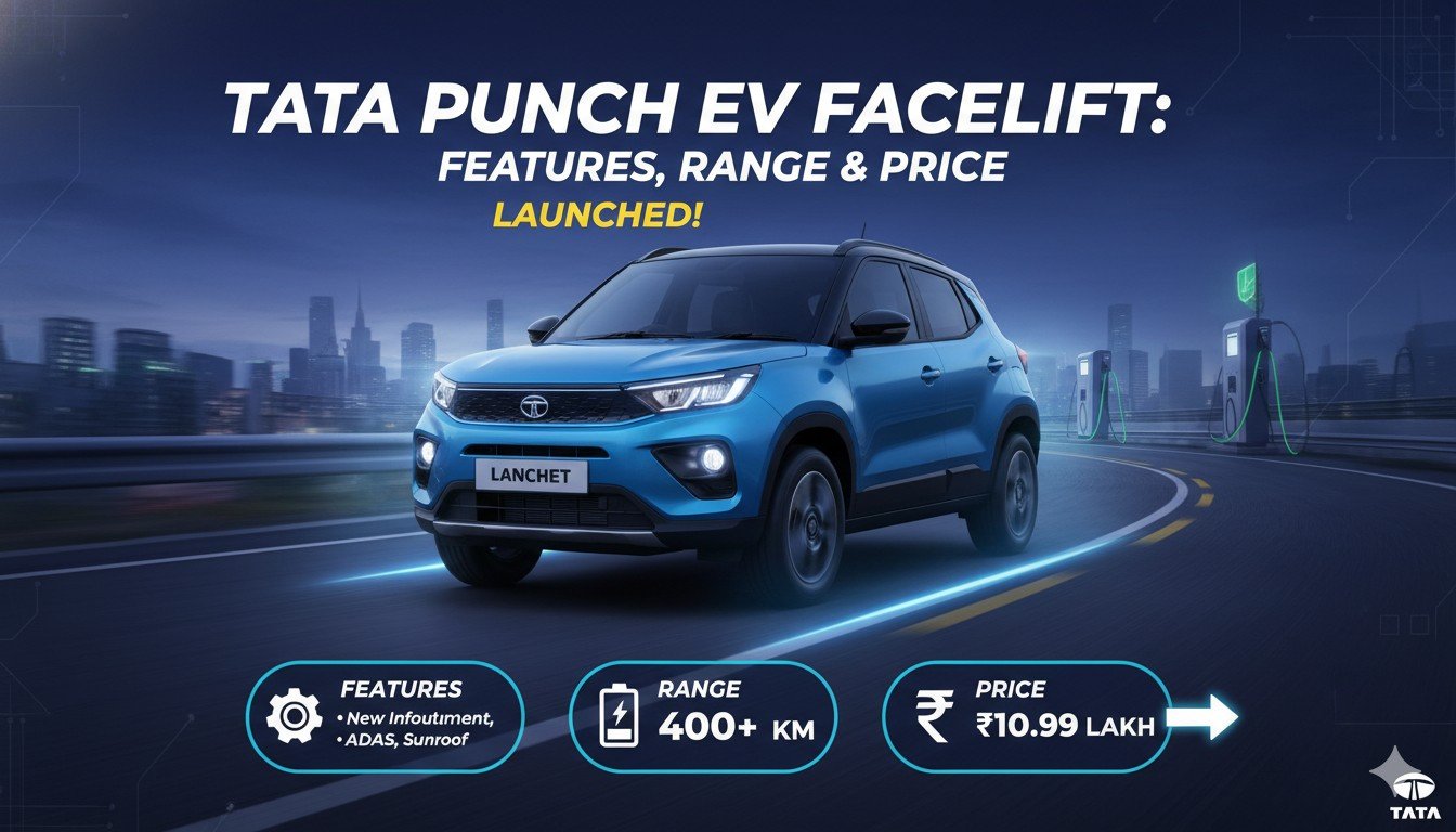 2026 टाटा पंच EV फेसलिफ्ट फ्रंट व्यू दिखाते हुए, LED हेडलैंप्स और नया ग्रिल के साथ