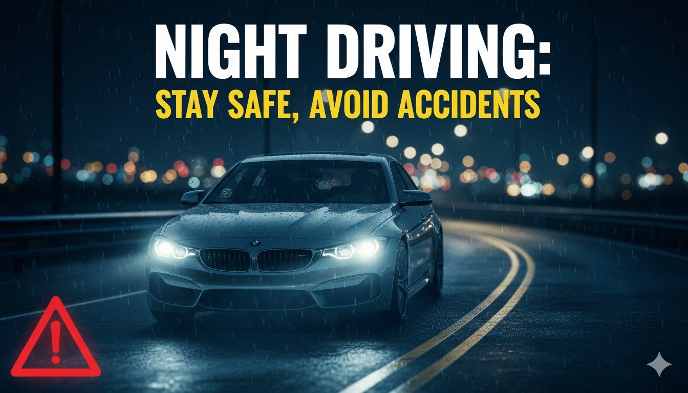 रात में कार चलाते हुए सुरक्षित ड्राइविंग करते ड्राइवर, हेडलाइट्स और सड़क पर फोकस