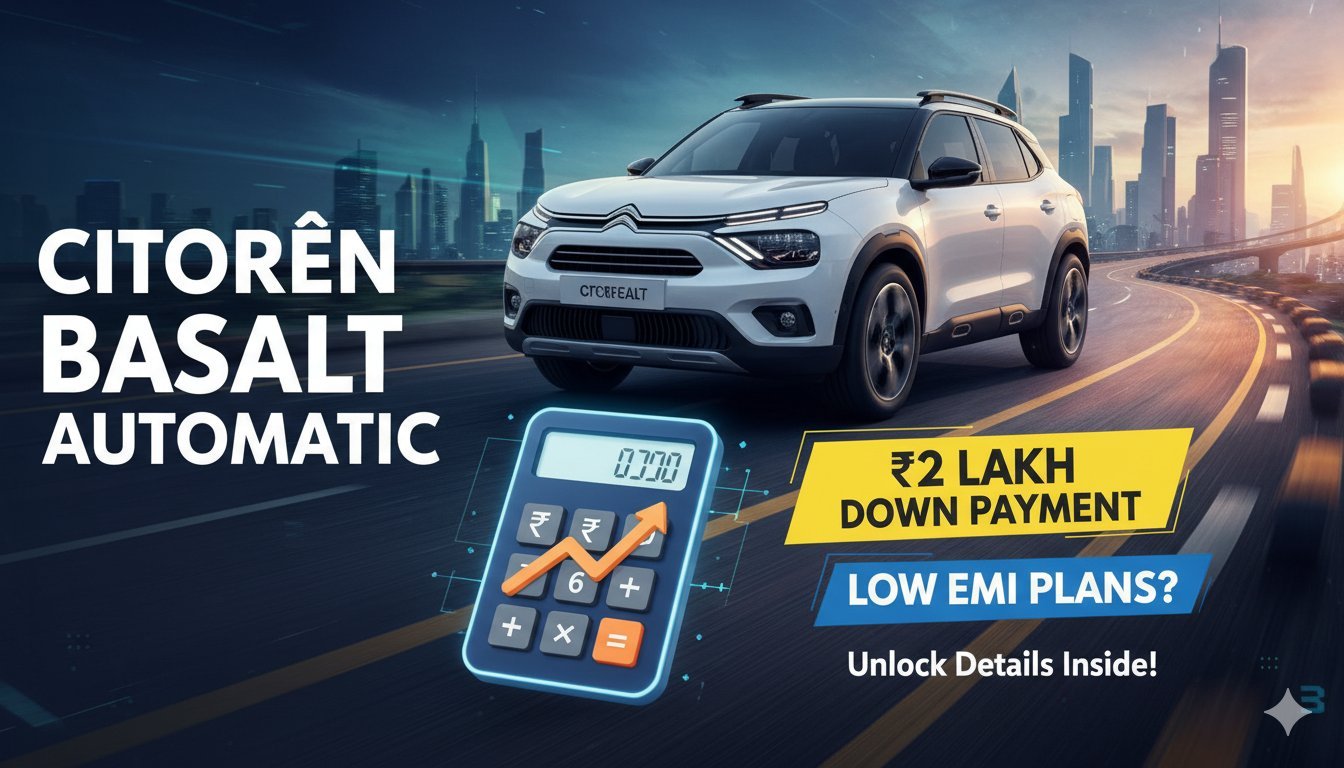 Citroen Basalt Max Turbo X AT डुअल टोन वेरिएंट की साइड प्रोफाइल, कूपे SUV डिजाइन दिखाते हुए