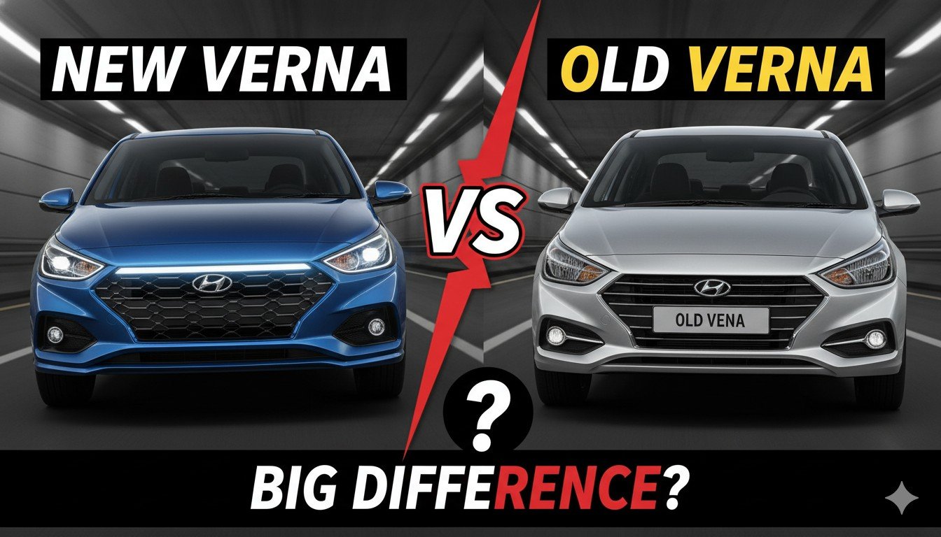 2026 Hyundai Verna Facelift और पुरानी Verna की फ्रंट तुलना, डार्क क्रोम ग्रिल और LED हेडलैंप्स दिखाते हुए