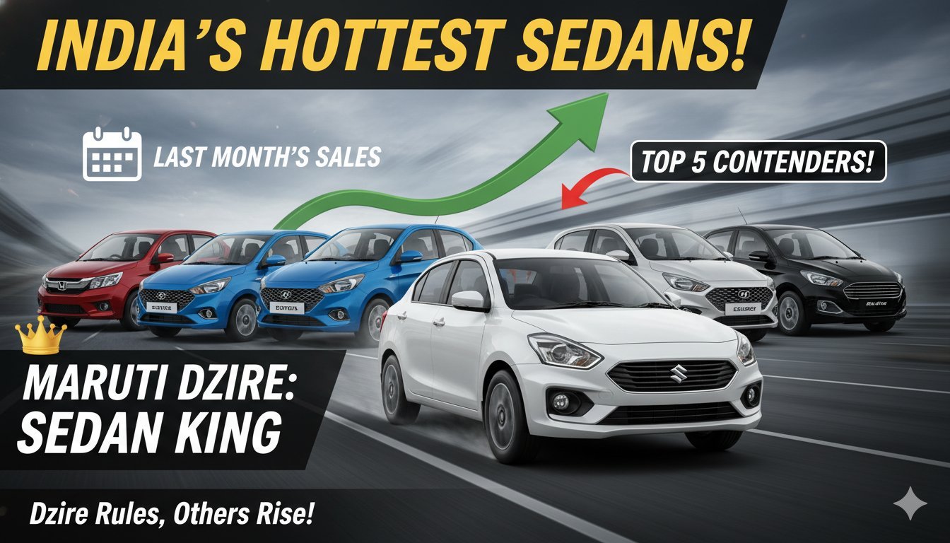 Alt Text for featured image : मारुति सुजुकी डिजायर कार का फ्रंट व्यू, भारतीय सेडान सेगमेंट की टॉप सेलिंग मॉडल दिखाते हुए