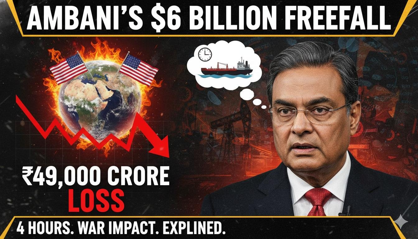 मुकेश अंबानी और रिलायंस इंडस्ट्रीज का लोगो, बैकग्राउंड में क्रूड ऑयल बैरल और गिरते शेयर ग्राफ के साथ अमेरिका-ईरान युद्ध का प्रभाव दर्शाता हुआ