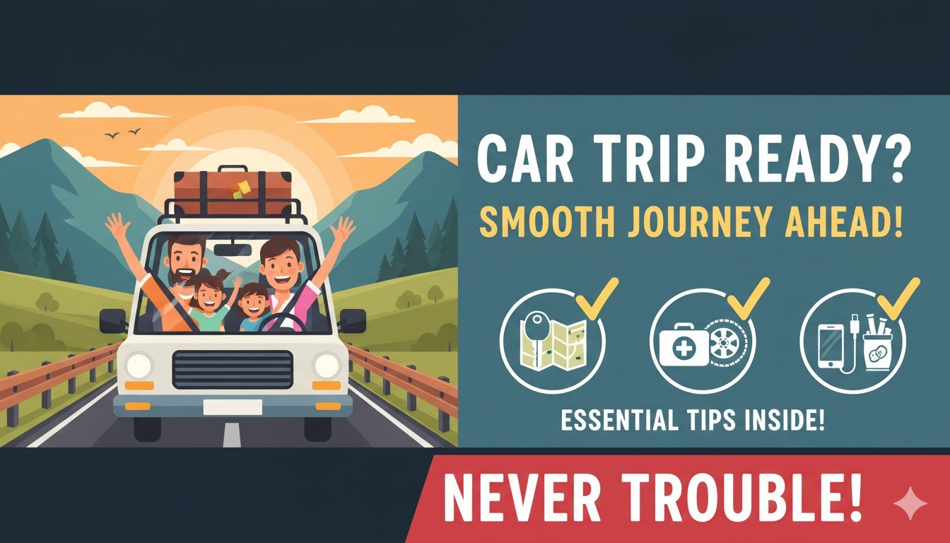 कार से लंबी यात्रा की तैयारी, टायर चेक करते व्यक्ति और कार डैशबोर्ड