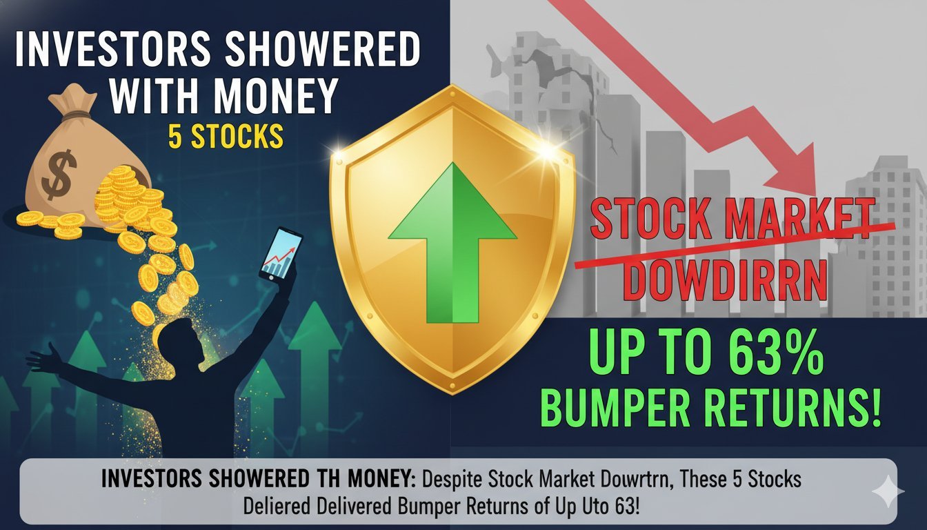 स्टॉक मार्केट ग्राफ में गिरावट के बीच ऊपर चढ़ते डिफेंस और PSU शेयरों का चार्ट दिखाता हुआ इमेज