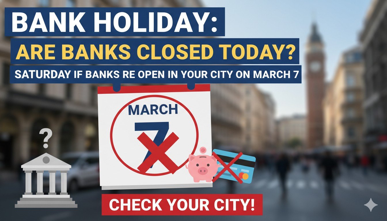 7 मार्च 2026 को बैंक ब्रांच के बाहर ग्राहक, शनिवार बैंक खुले या बंद स्थिति दिखाते हुए