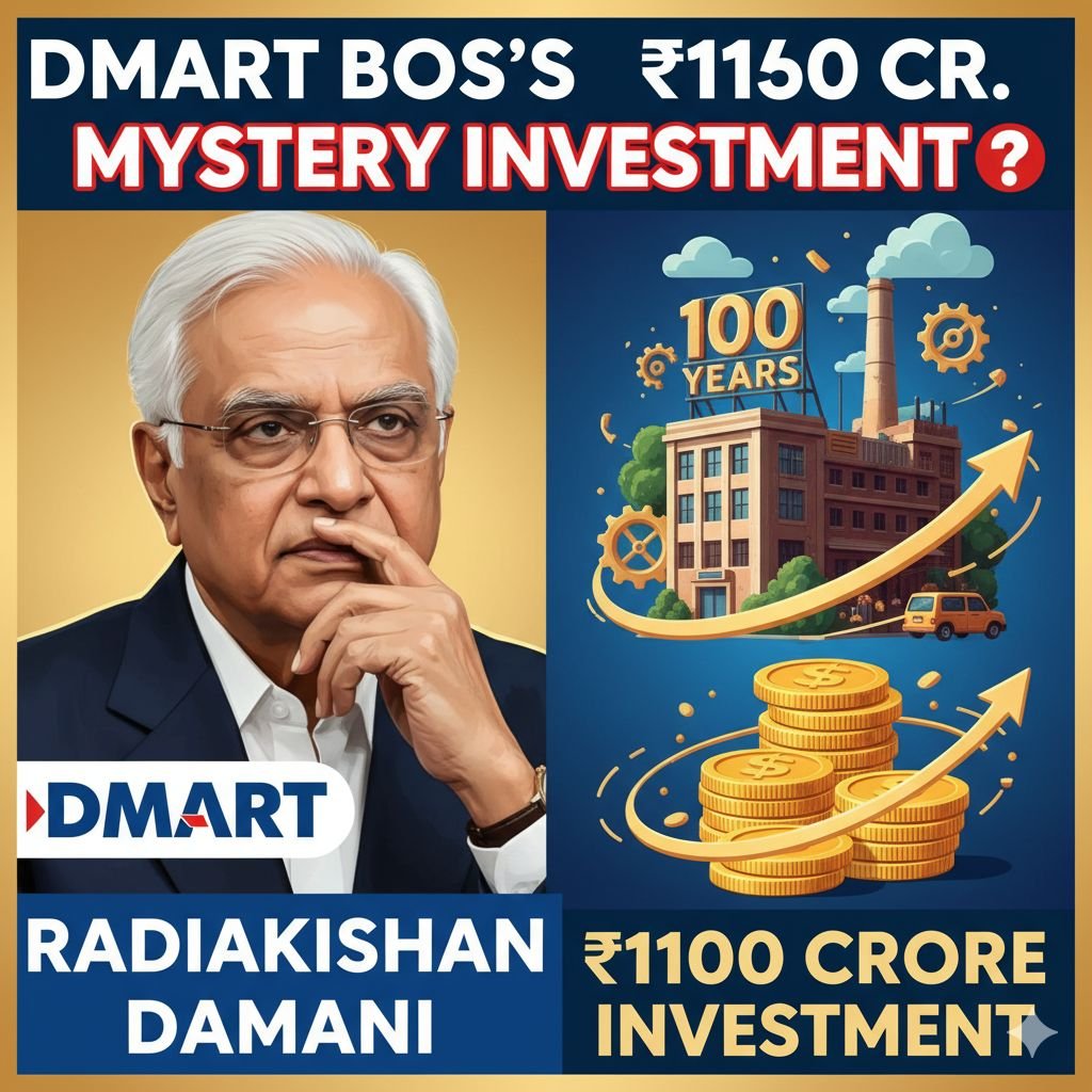 राधाकिशन दमानी और DMart लोगो के साथ VST Industries शेयर चार्ट दिखाता फीचर्ड इमेज