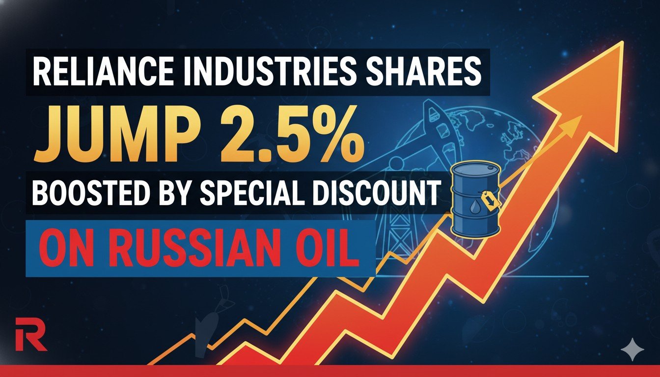 रिलायंस इंडस्ट्रीज के शेयर मूल्य चार्ट में तेज उछाल दिखाता ग्राफ, पृष्ठभूमि में रूसी तेल टैंकर और अमेरिकी झंडा